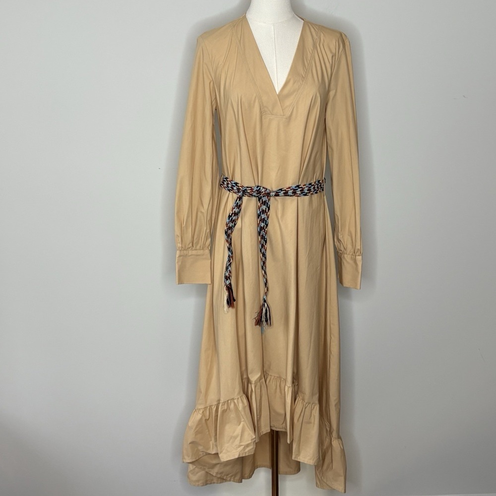 DX Collection Beige Ruffle Hem Long Sleeve Midi Dress Braided Belt Womens Medium